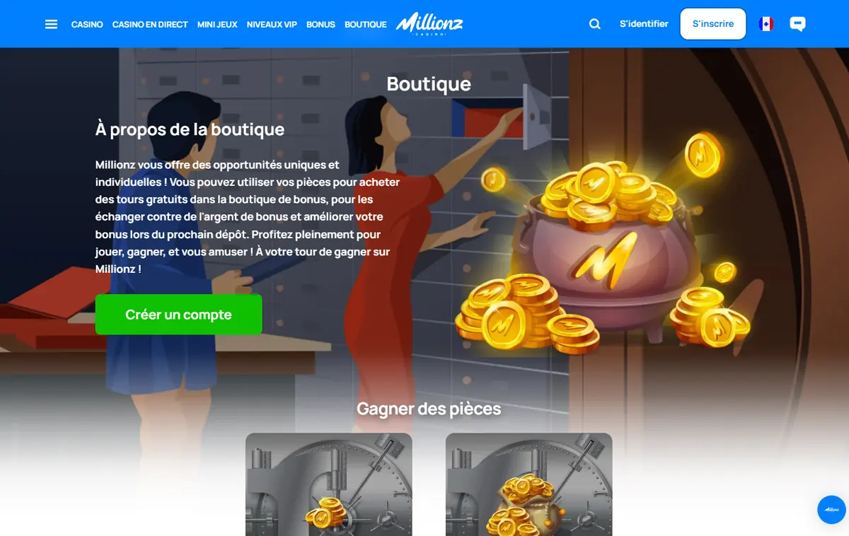 Page Boutique de Millionz avec un chaudron rempli de pièces et le bloc À propos de la boutique