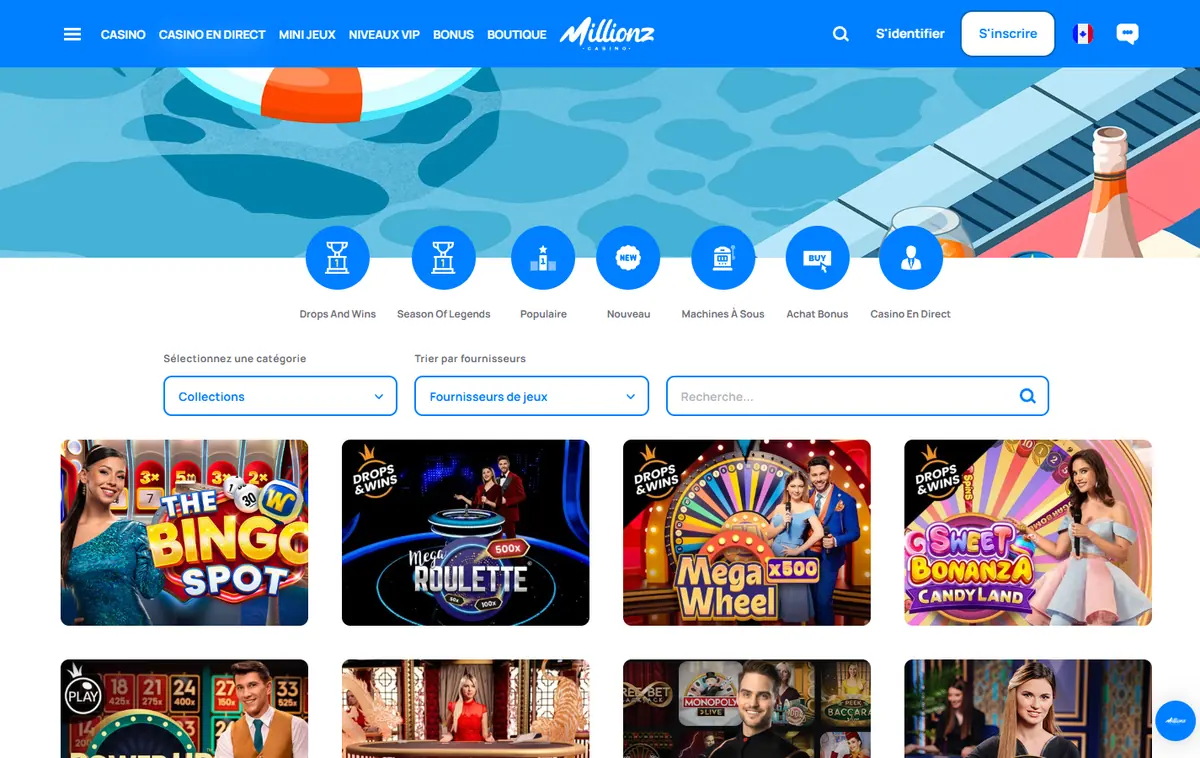Lobby Casino en direct de Millionz avec The Bingo Spot, Mega Roulette, Mega Wheel et Sweet Bonanza CandyLand