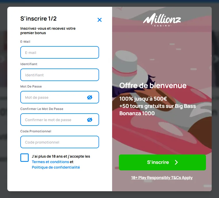Premier écran du formulaire d'inscription Millionz avec les champs E-Mail, Identifiant, Mot de passe et Code promotionnel