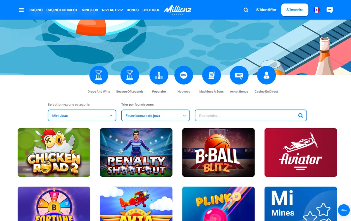 Rubrique Mini Jeux de Millionz avec Chicken Road 2, Penalty Shoot-out, B-Ball Blitz et Aviator