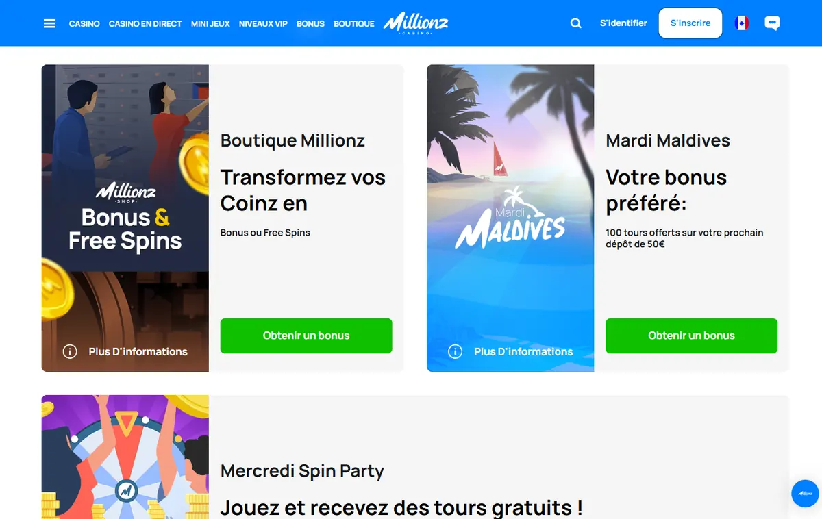 Page Bonus de Millionz avec les cartes Boutique Millionz, Mardi Maldives et Mercredi Spin Party