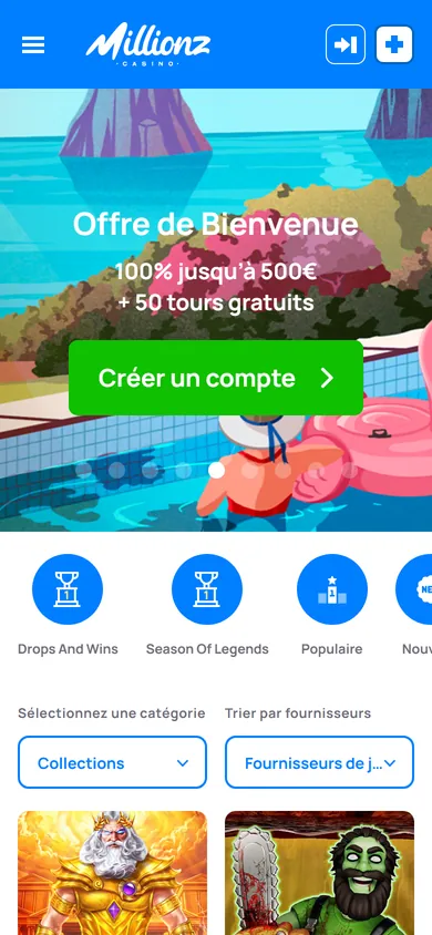 Accueil de Millionz sur smartphone avec la bannière Offre de Bienvenue et le bouton Créer un compte