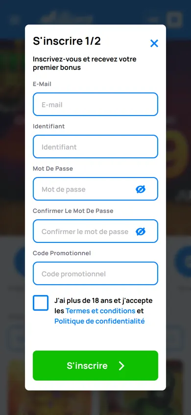 Formulaire S'inscrire 1/2 sur mobile avec E-Mail, Identifiant, Mot de passe, Code promotionnel et la case 18 ans