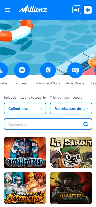 Lobby mobile de Millionz avec les catégories, les filtres, la recherche et les jeux Stormforged, Le Bandit, Fist of Destruction et Wanted