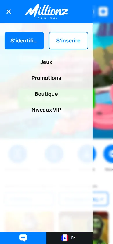 Menu mobile de Millionz avec S'identifier, S'inscrire, Jeux, Promotions, Boutique, Niveaux VIP et le bouton du chat