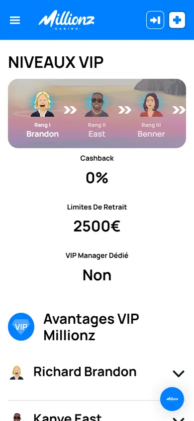 Page Niveaux VIP sur mobile avec les rangs Brandon, East et Benner, le cashback et la limite de retrait de 2 500 €